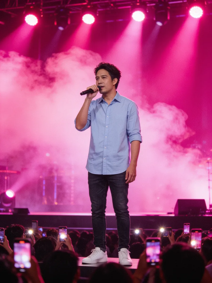 ผู้ชายร้องเพลงบนเวทีคอนเสิร์ตแสงชมพู